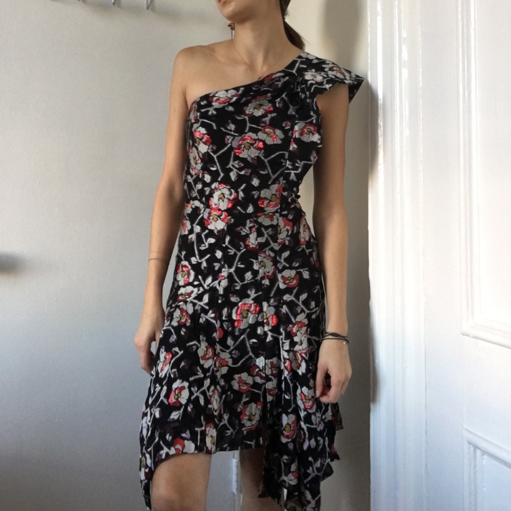 Black one shoulder dress with floral pattern